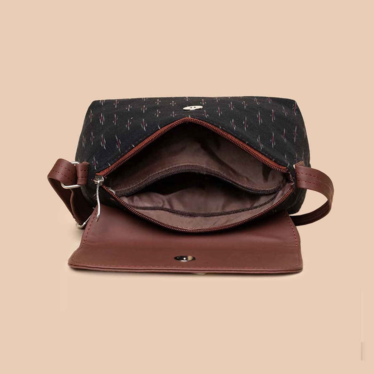 Zouk Women's Woven Vegan Leather and Handcrafted Fabric 5.6 L Sling Bag