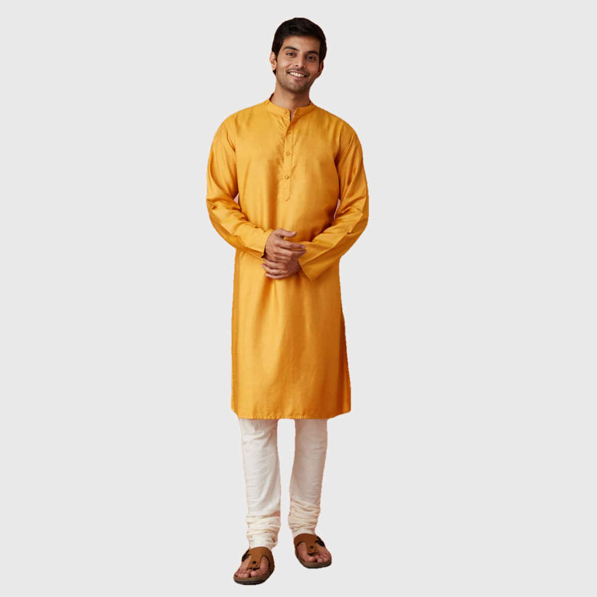 Fabindia Men's Long Kurta Comfort Fit | Yellow - L