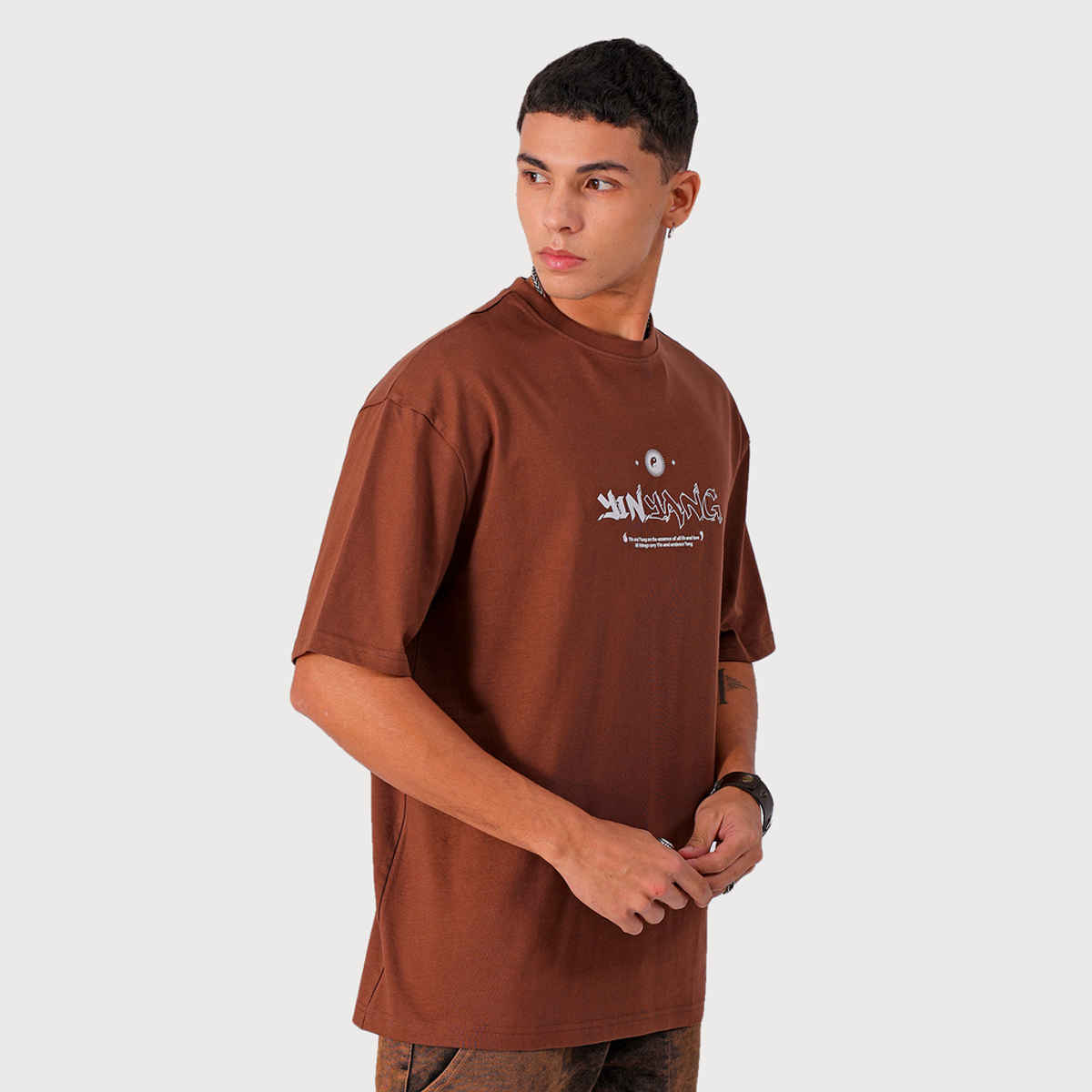 The Indian Garage Co Men's Placement Print Casual T-Shirt | Brown - XL