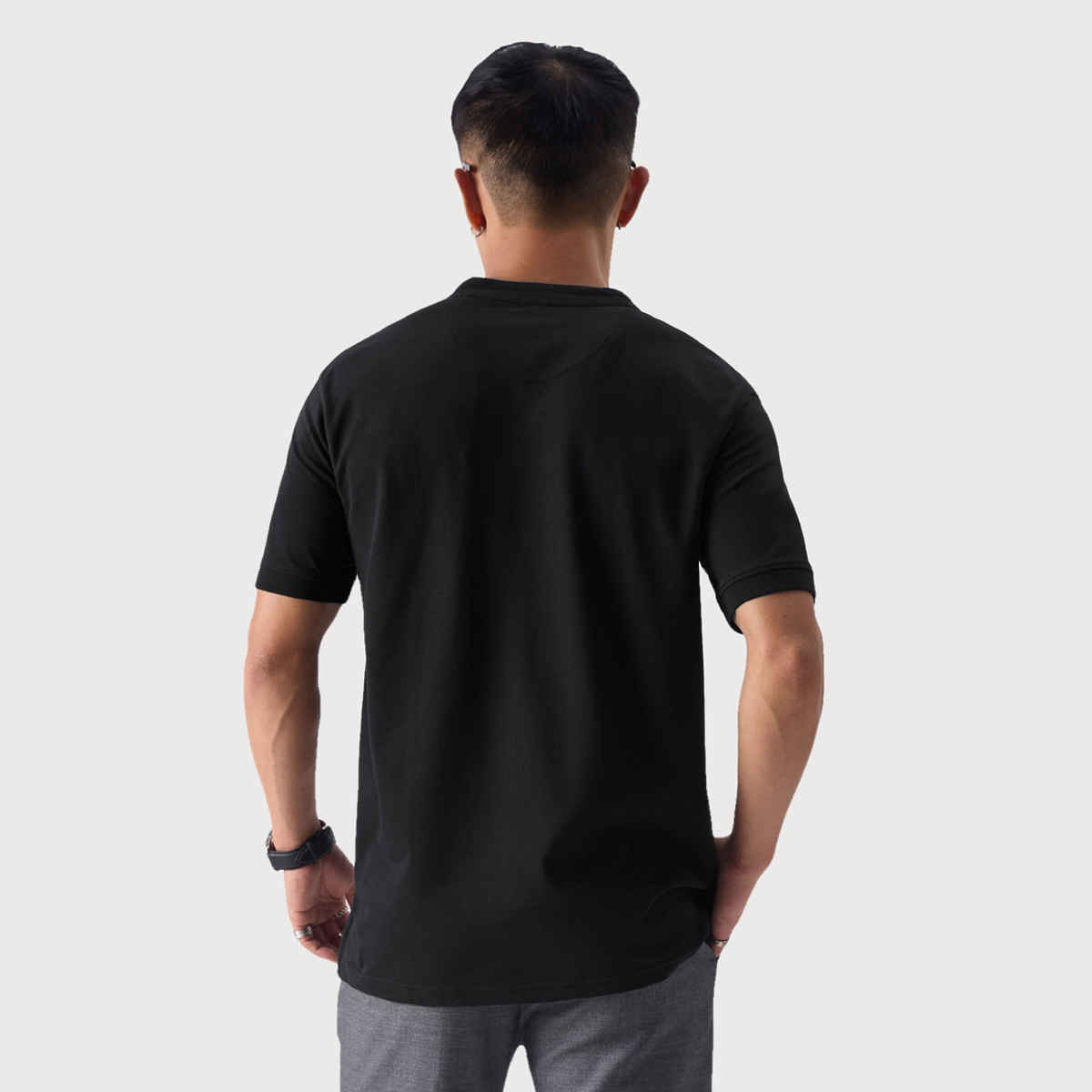 The Souled Store Men's Regular Solids- Midnight Black Mandarin Polo | XL
