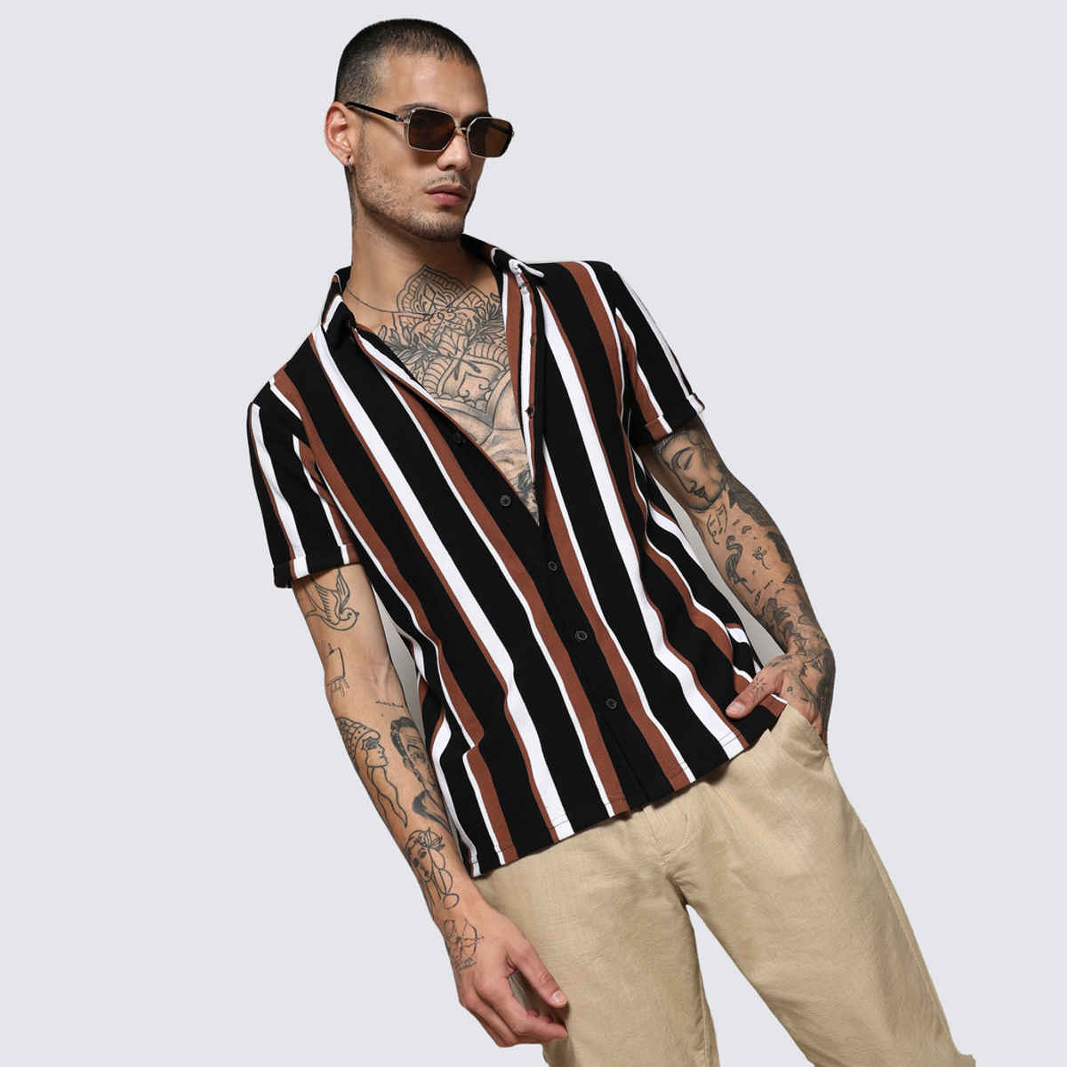 Campus Sutra Men's Barcode Striped Shirt | Multicolour - L