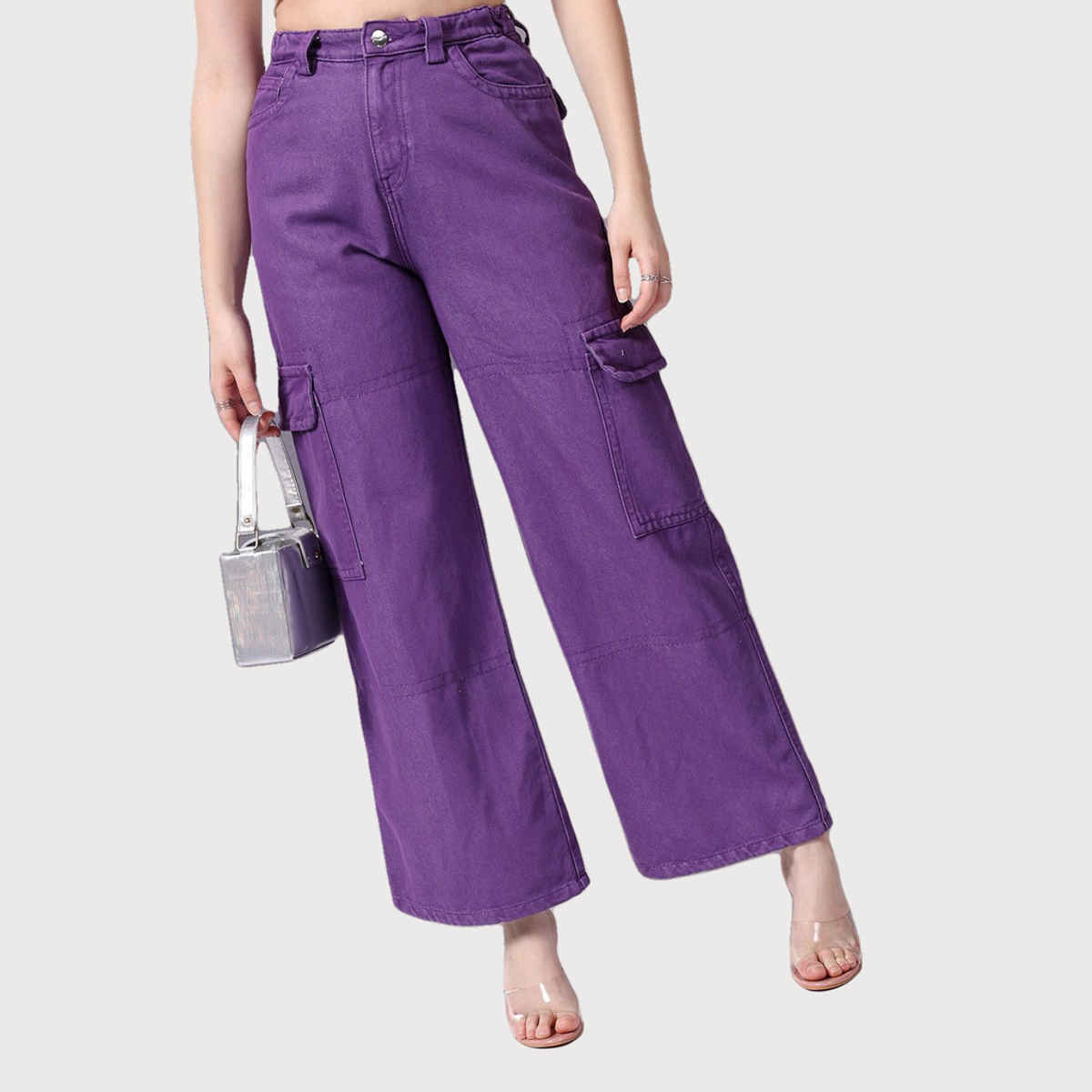 Freehand Women's Overdyed Baggy Cargo Denim With Flap Pocket Jeans | Purple - 30