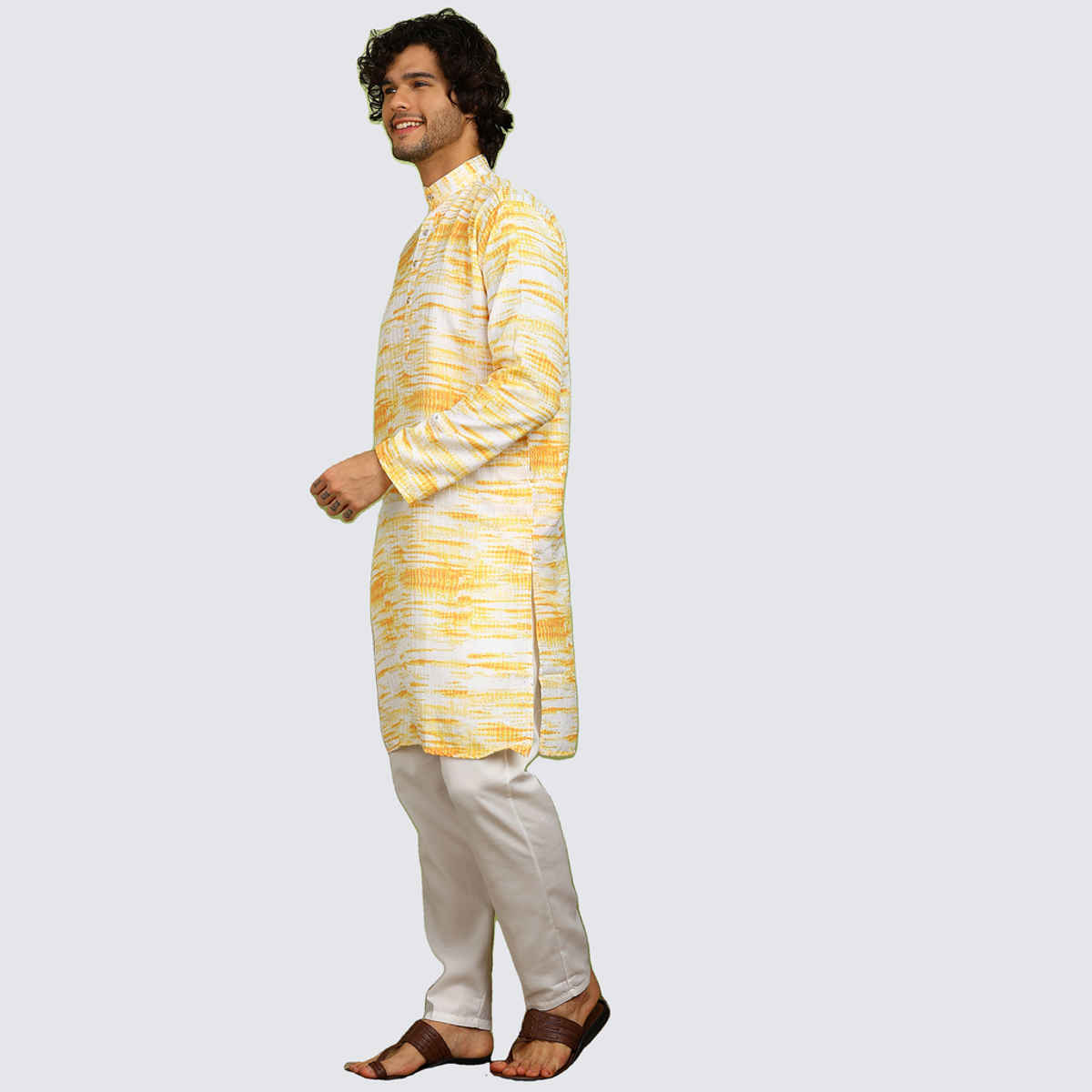 Allan Peter Men's Printed Long Kurta | Yelow - M