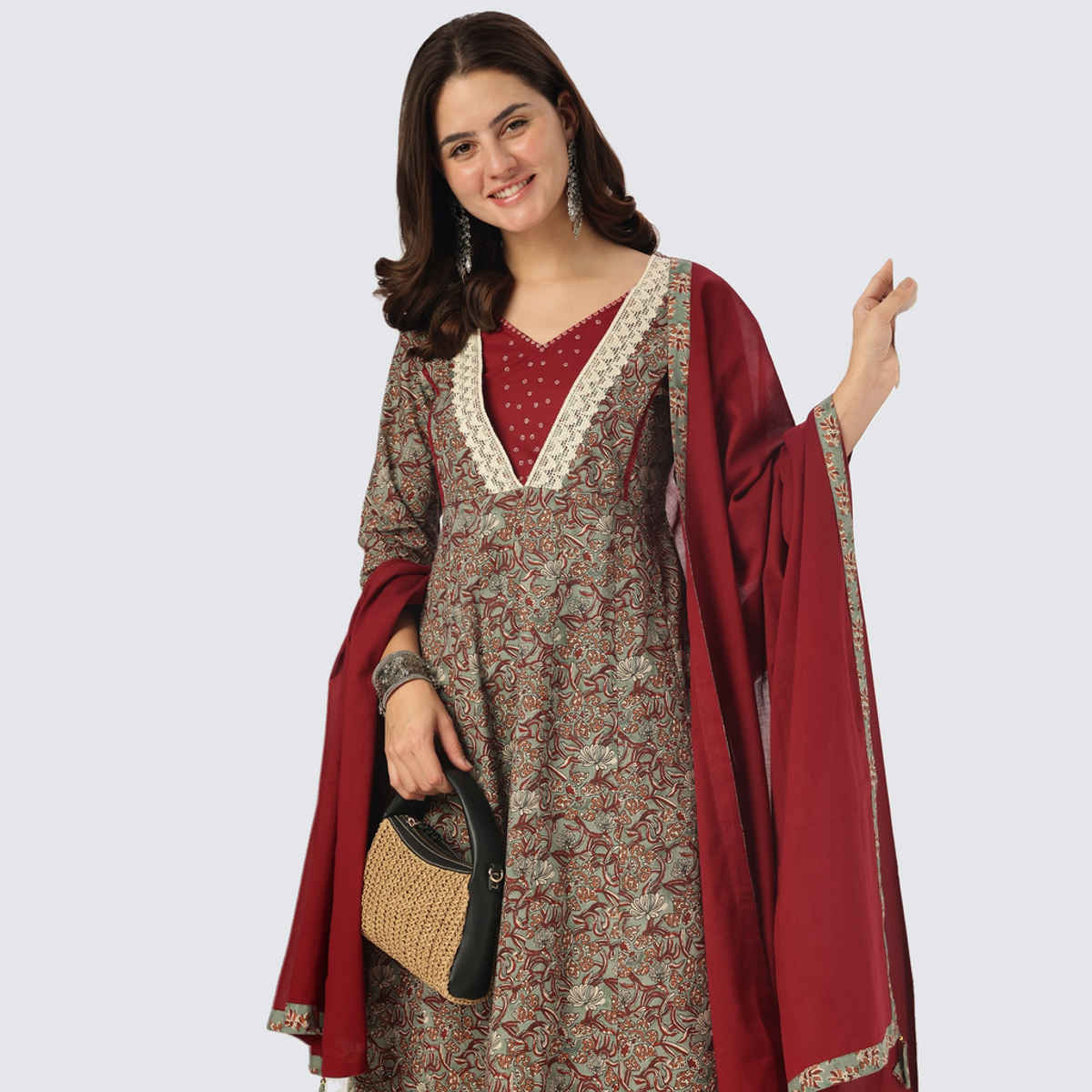 Janasya Women's Pure Cotton Floral Printed Anarkali Kurta Set | Sage Green - S