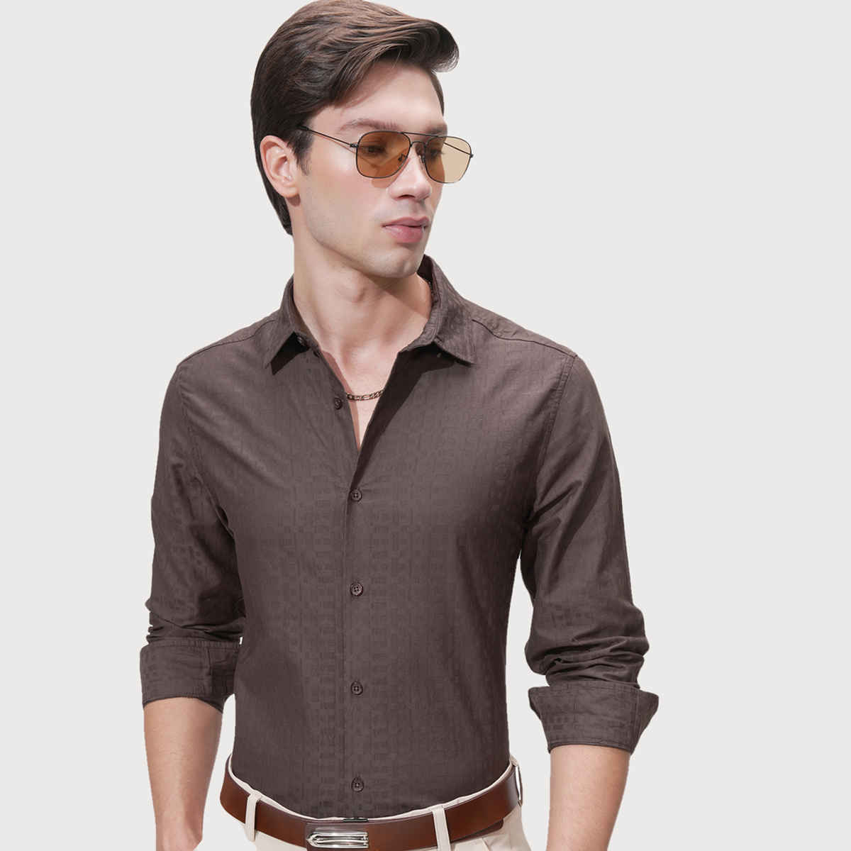 HIGHLANDER Men's Comfort Slim Fit Opaque Party Shirt | Brown - L