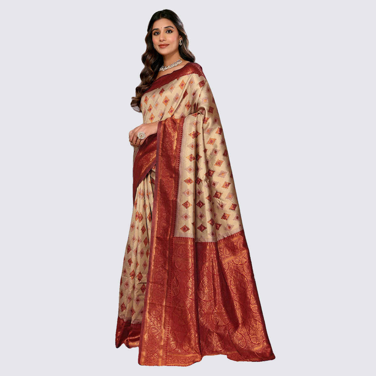 Janasya Women's Silk Blend Ethnic Motifs Kanjivaram Saree with Blouse Piece | SAR359 | Beige