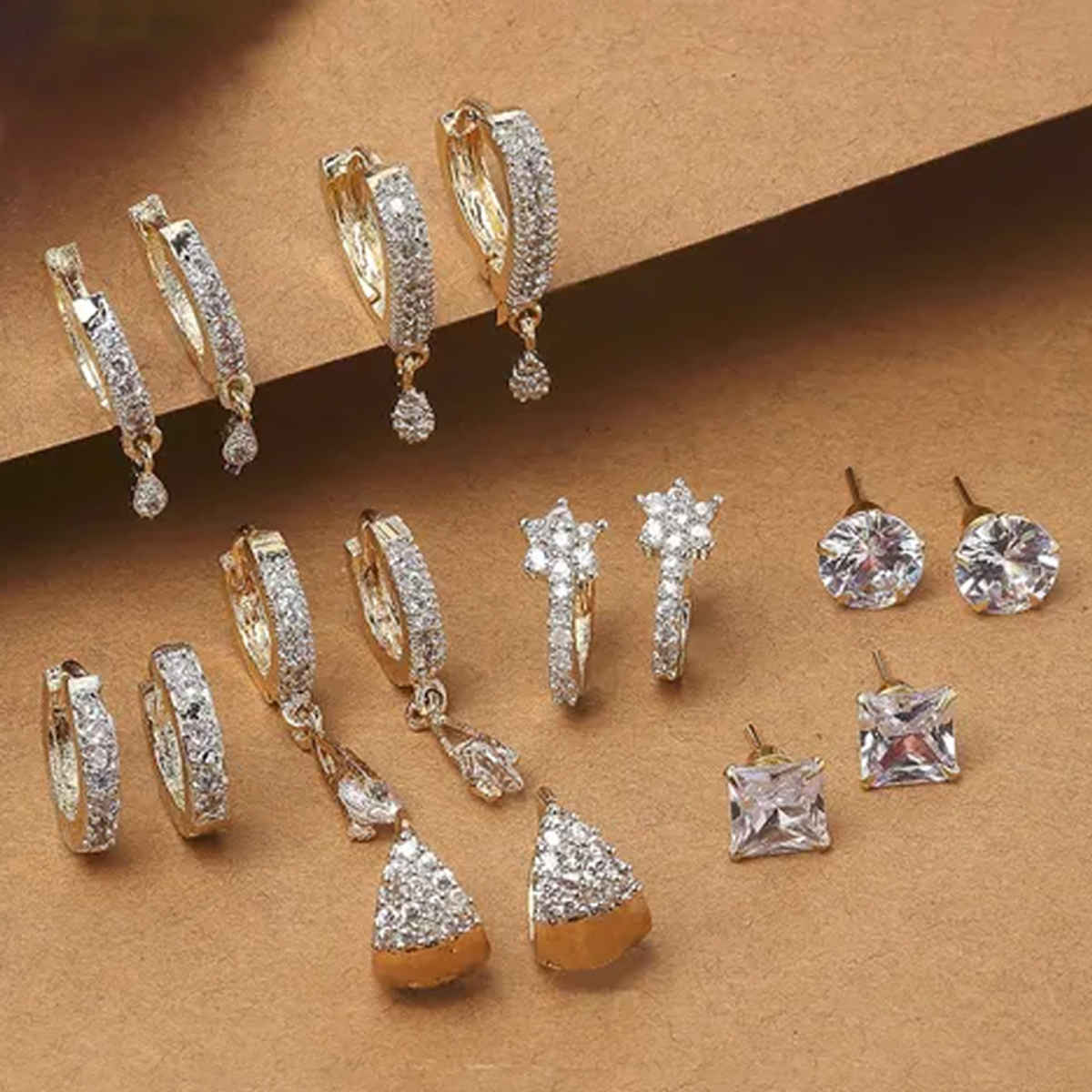 Zeneme Gold Plated Gold Toned Set Of 8 White Contemporary Stud & Drop Earrings For Women & Girls