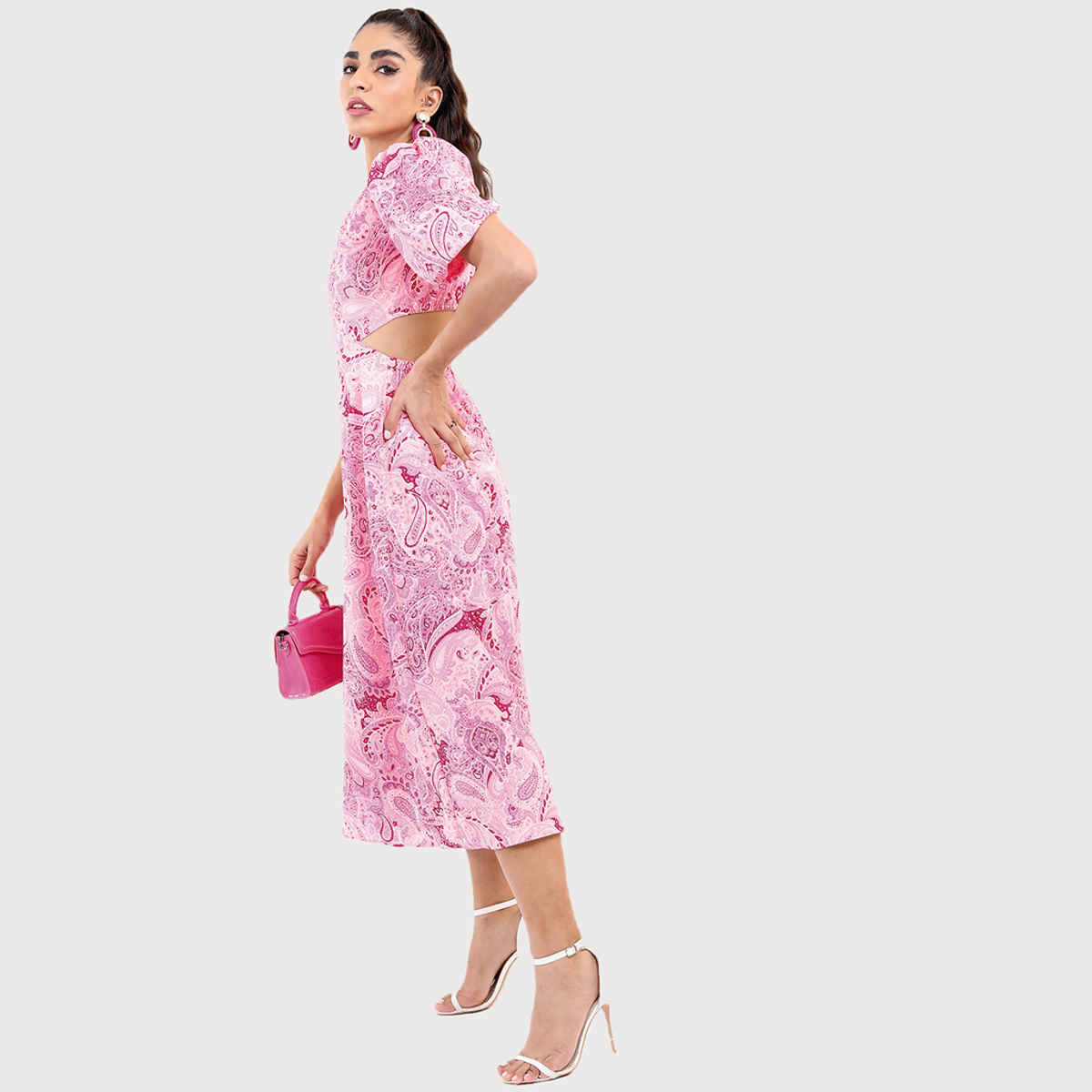 Tokyo Talkies Ethnic Printed Midi Fit And Flare Dress | Pink - S