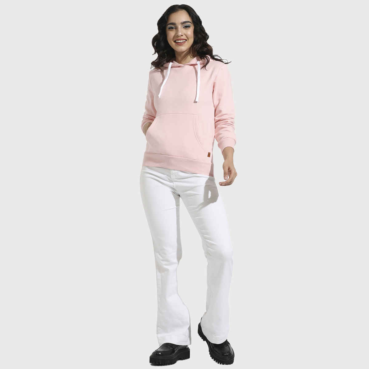 Campus Sutra Women's Zip-Front Hoodie with Ribbed Hem | Light Pink - L