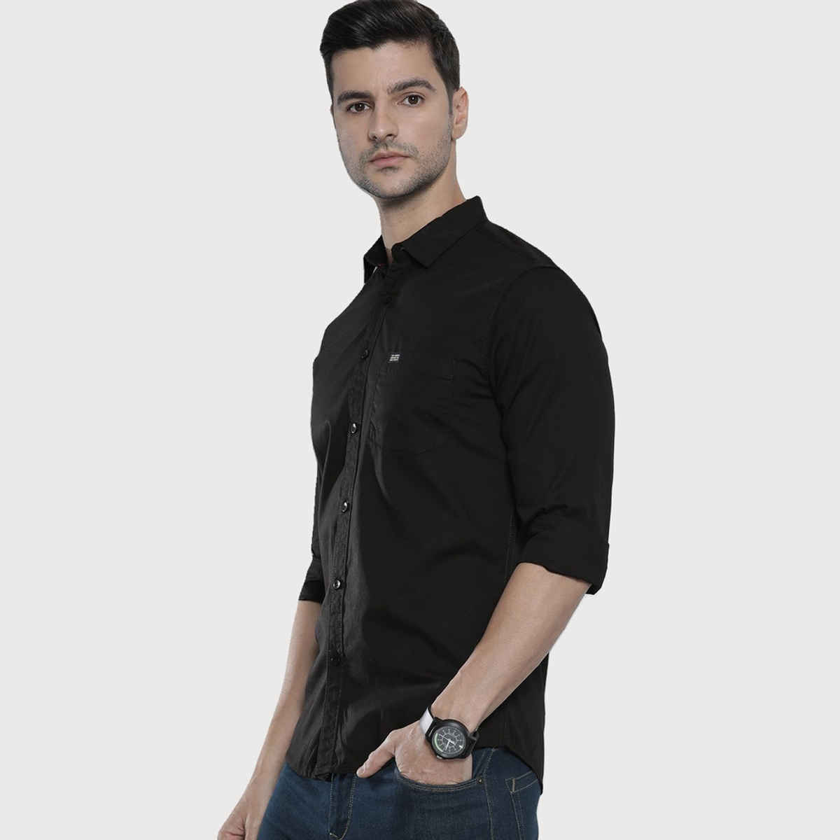 The Indian Garage Co Men's Slim Fit Solid Casual Shirt | Black - L