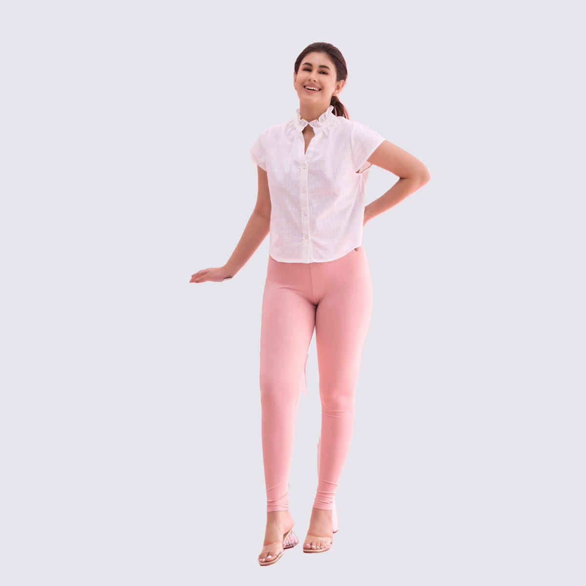 Go Colors Women's Solid Mid Rise Ankle Length Leggings | Baby Pink - XL