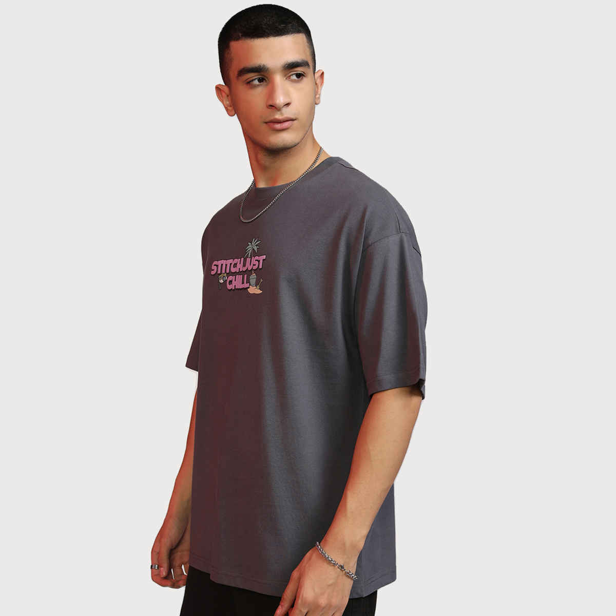 Highlander Men's Disney Stitch Printed Oversized Round Neck T-shirt | Grey - XL