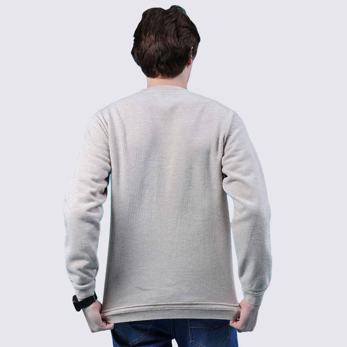 V-Mart Men's Solid Pentium Interlock Round Neck Sweater | Beige - L
