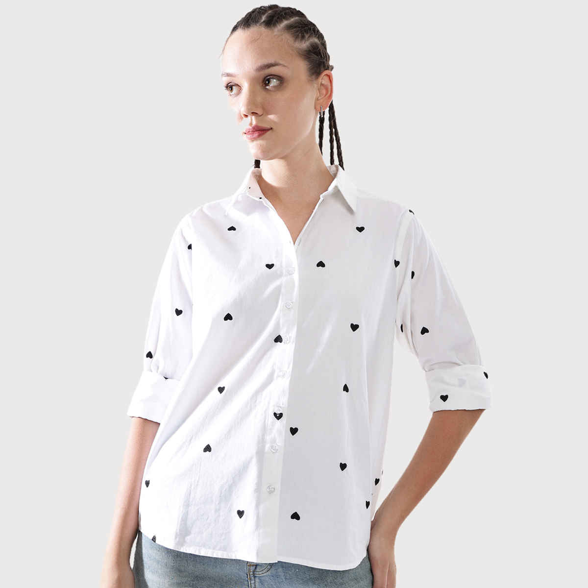 Hubberholme Women's Embroidery Oversized Spread Collar Shirt | Multicolor - S