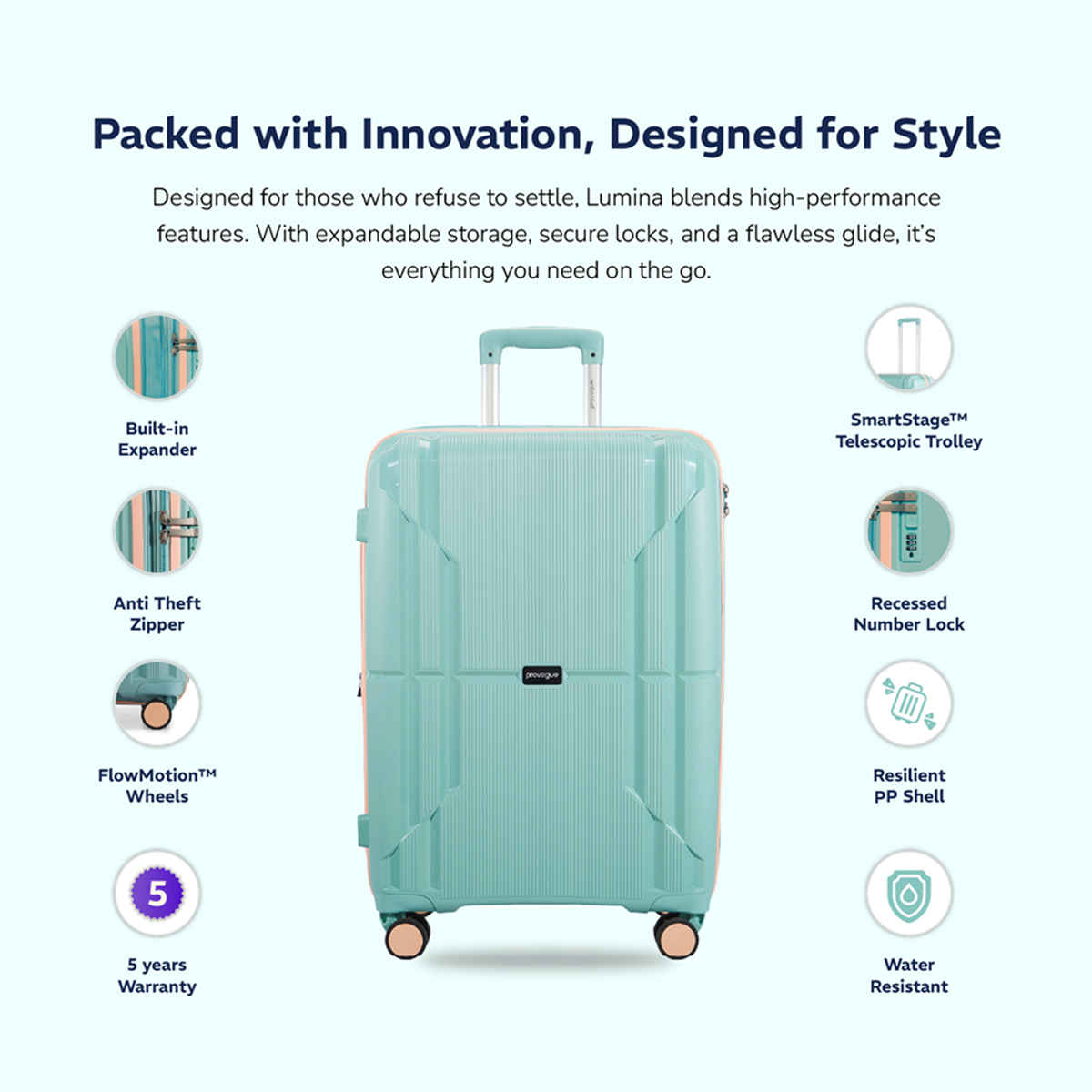 Provogue Lumina Hard-Sided PP Cabin Luggage Trolley Bag | Turquoise Blue - 55 cm