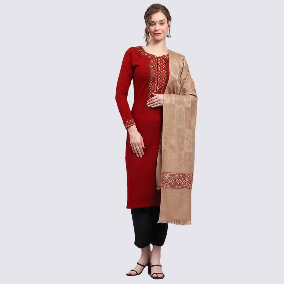Monte Carlo Womens Self Design Beige Shawl (224Shw7035-0-40) (L 200 Cm X W 100 Cm)