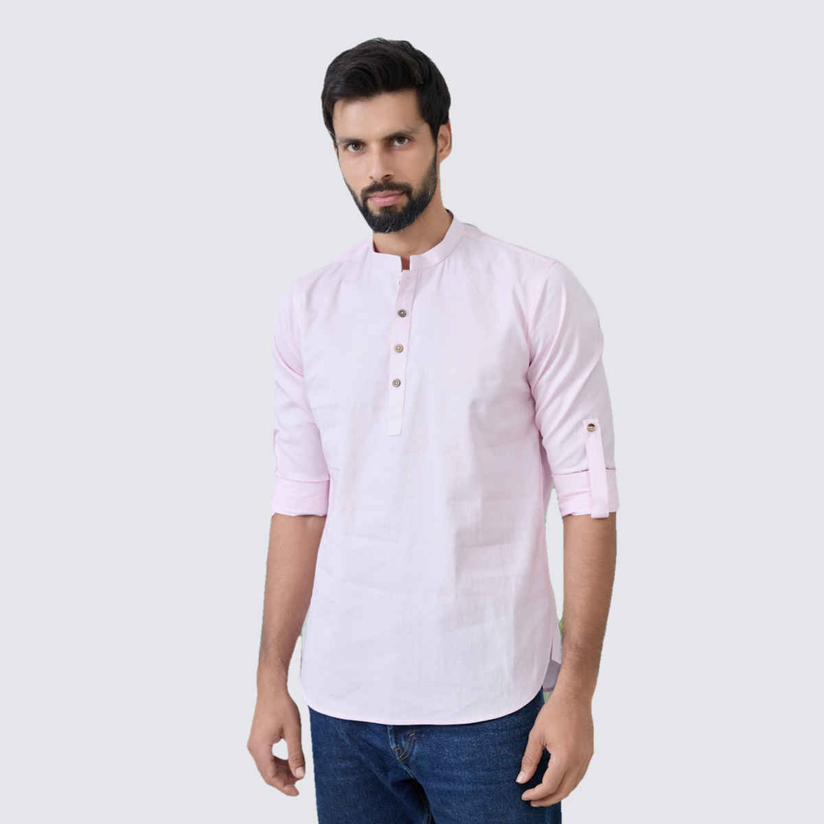 See Designs Men's Solid Cotton Short Kurta | Pink - L