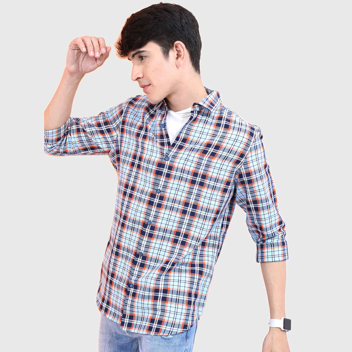 HIGHLANDER Men's Slim Fit Tartan Checked Casual Shirt | Blue - M
