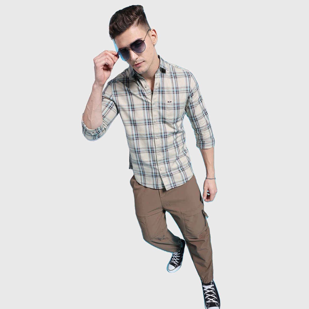 The Indian Garage Co Men's Slim Fit Checkered Casual Shirt | Khaki - L
