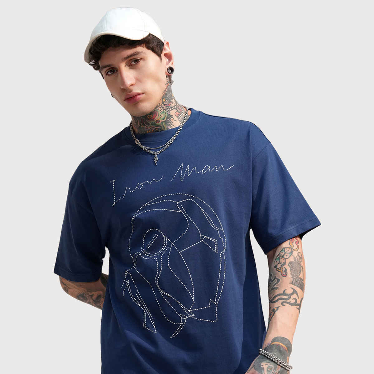Highlander Men's Marvel Iron Man Oversized Drop Shoulder T-shirt | Navy Blue - L