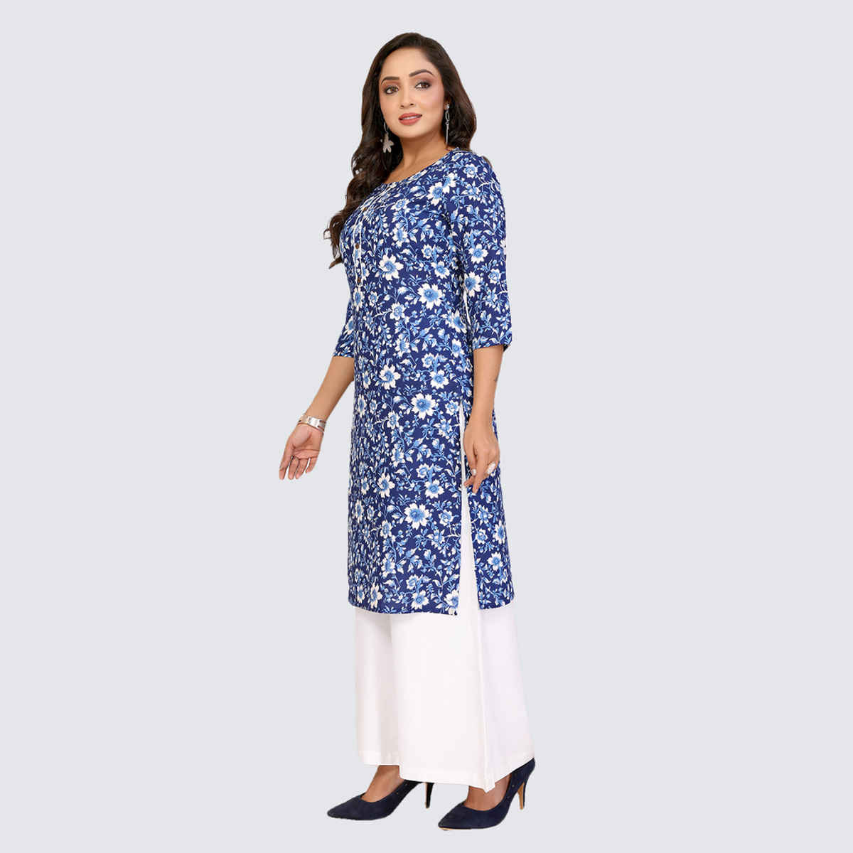 Rangita Women's Cotton Printed Straight Knee Length Kurta | Blue - S