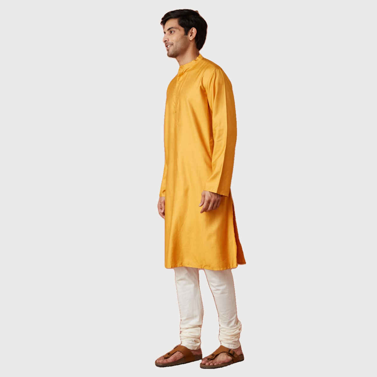 Fabindia Men's Long Kurta Comfort Fit Viscose Silk | Yellow - XS