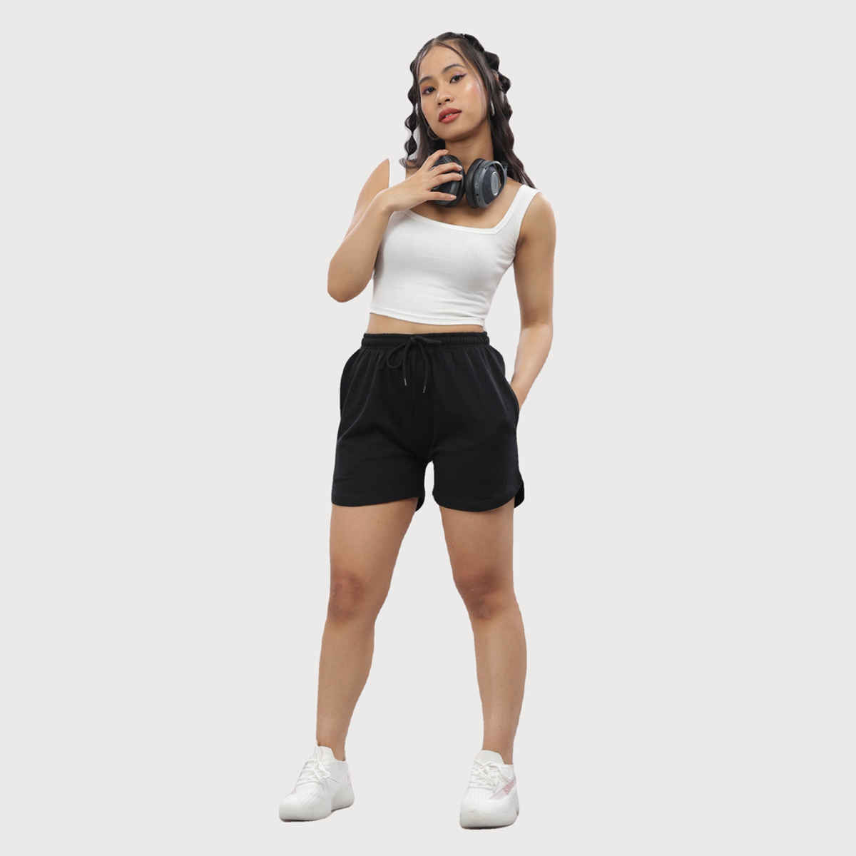 Springman Solid Black shorts With Elastic & Drawstring For Women | L