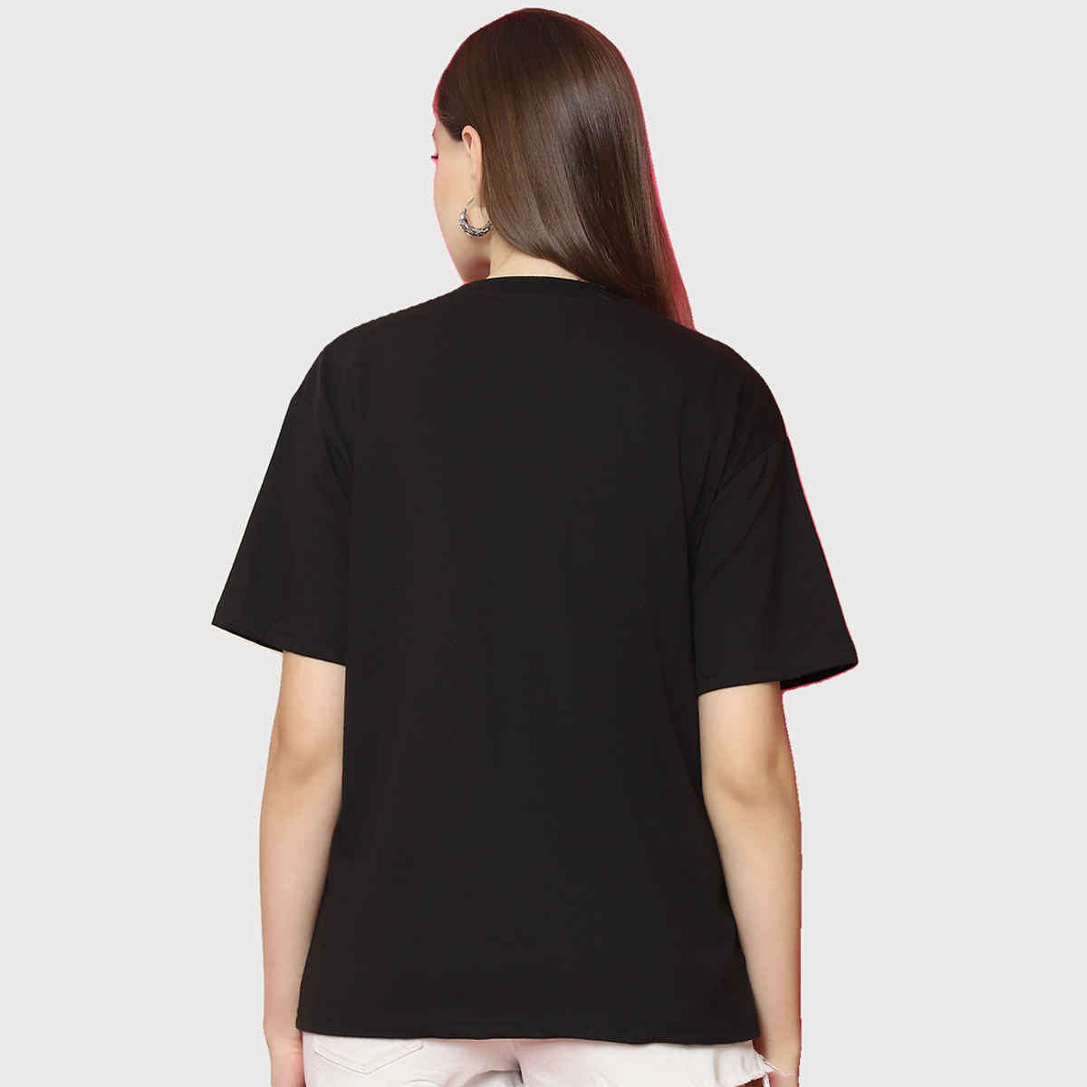 Fabflee Women Oversize Cotton Printed Round Neck Tshirt | Black | FAB-OS-520 | S