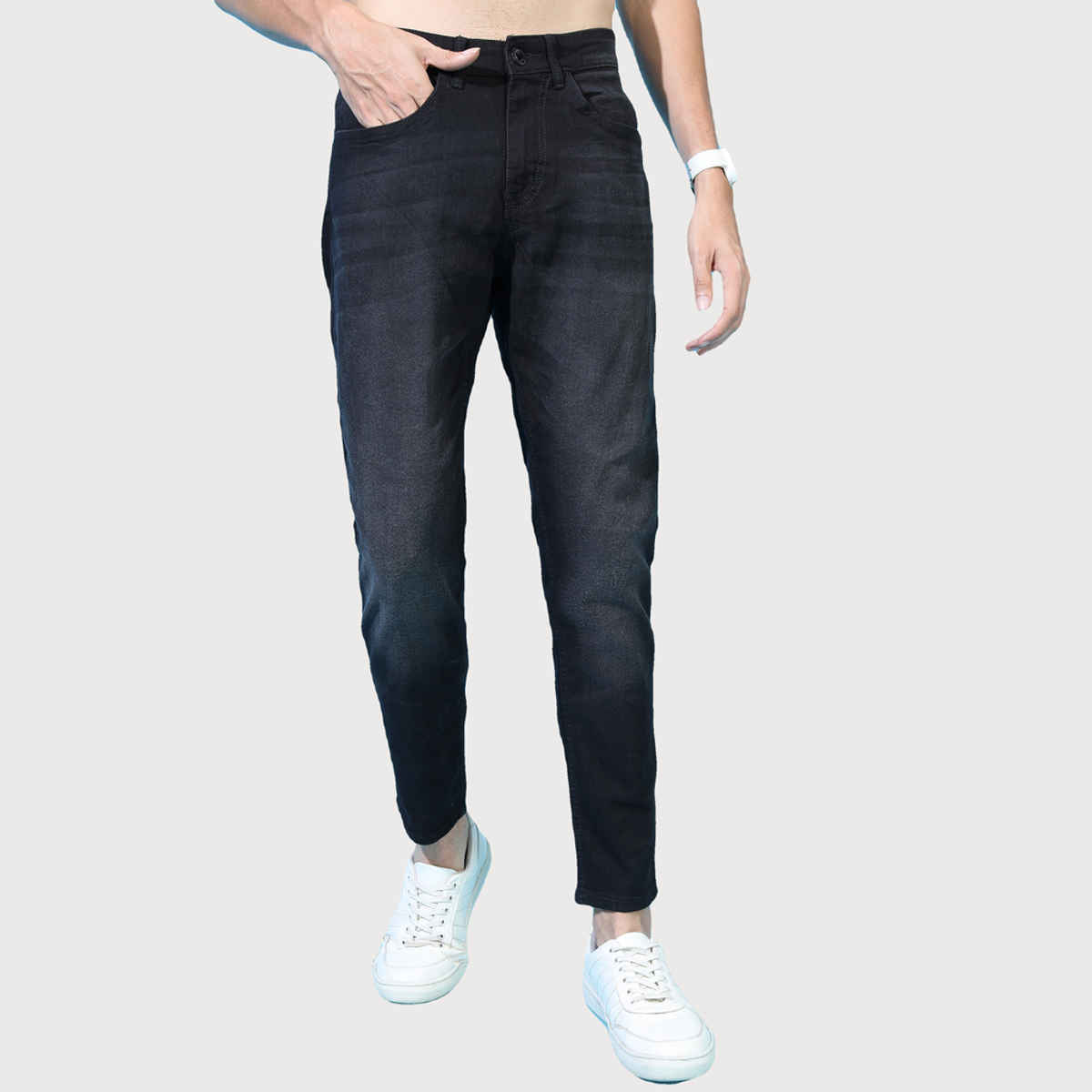 Highlander Men's Tapered Fit Mid-Rise Clean Look Stretchable Jeans | Black - 38