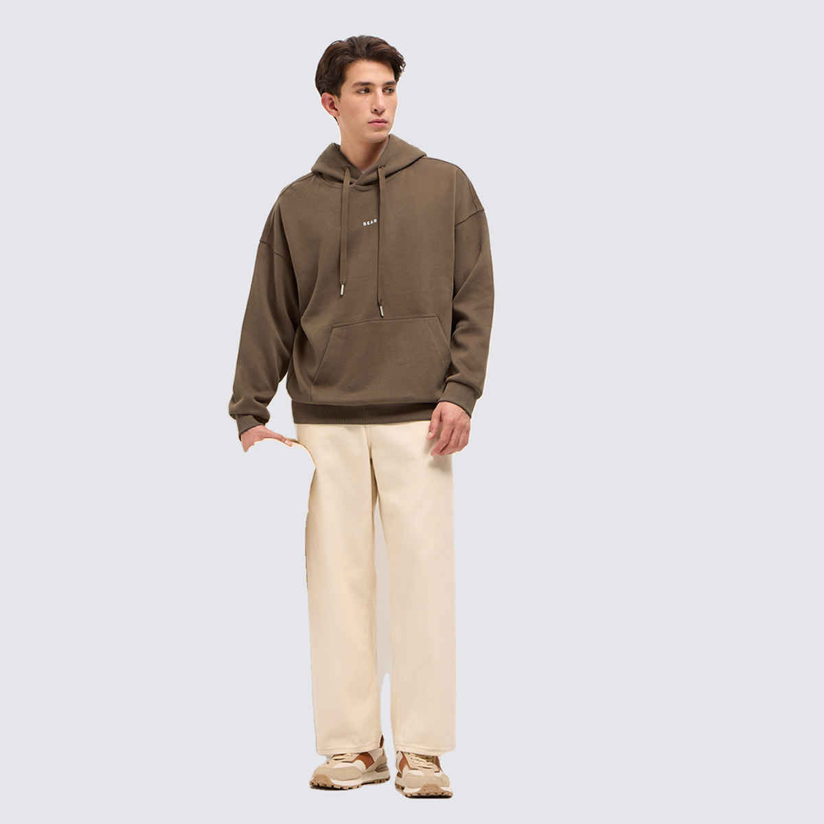 The Bear House Men's Solid Relaxed Fit Hoodie with Kangaroo Pocket | Brown - L