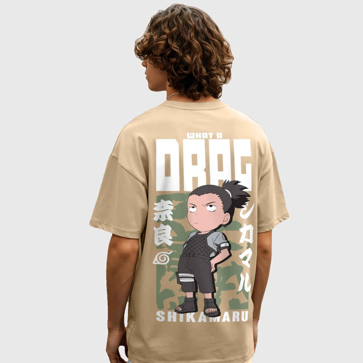 Bewakoof Men's Official Naruto Shikamaru Drag Graphic Printed Oversized T-shirt | Brown - S