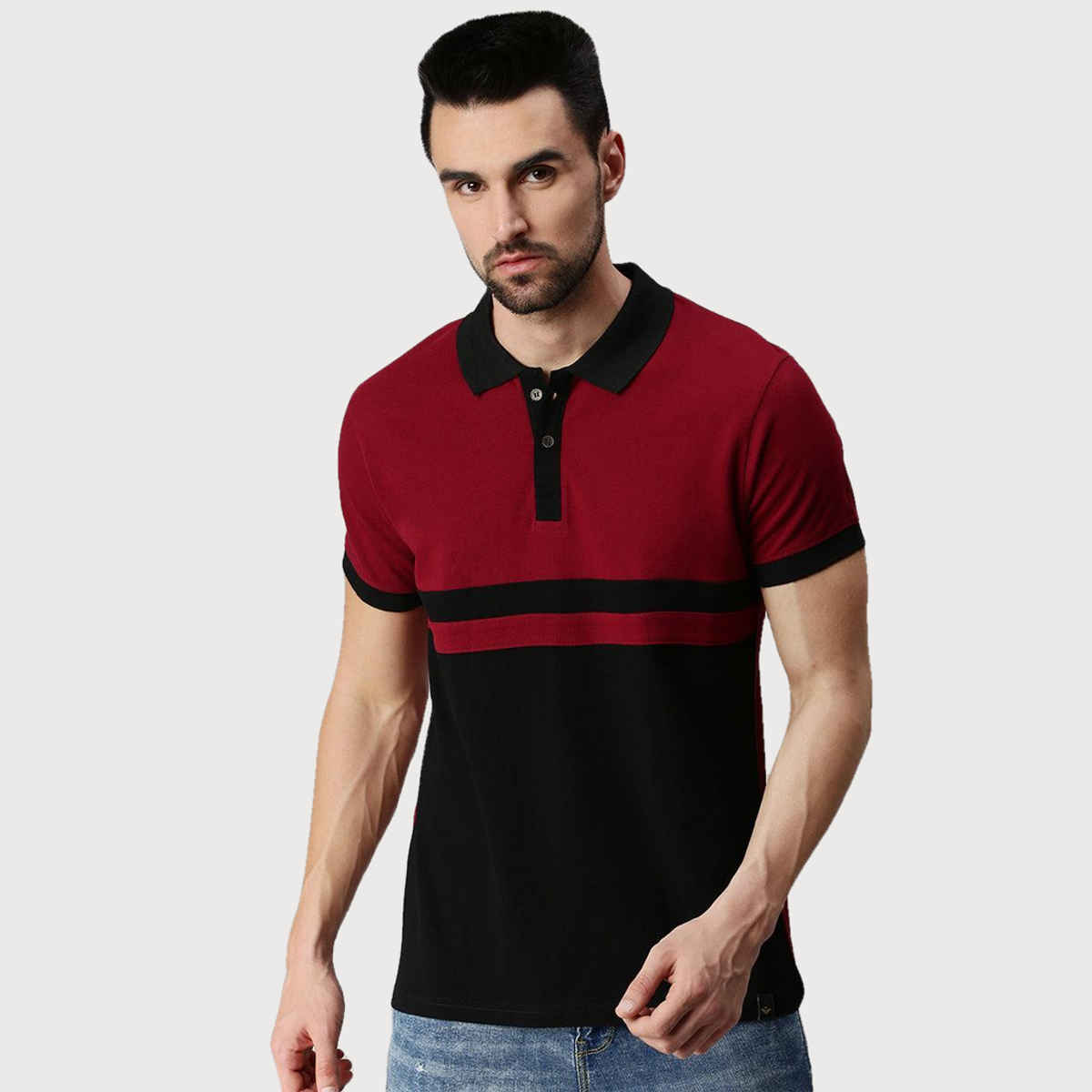 VEIRDO Men's Colorblock Regular Polo T-Shirt | P-22 BLK MRN | Maroon - XL