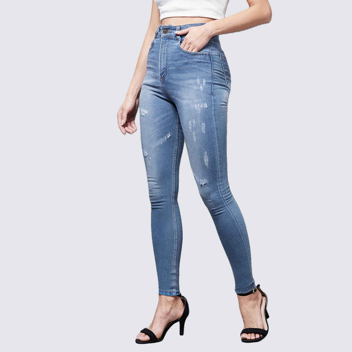 Miss Chase Women Skinny High Rise Mild Distress Regular Stretchable Denim Jeans | Blue | 30