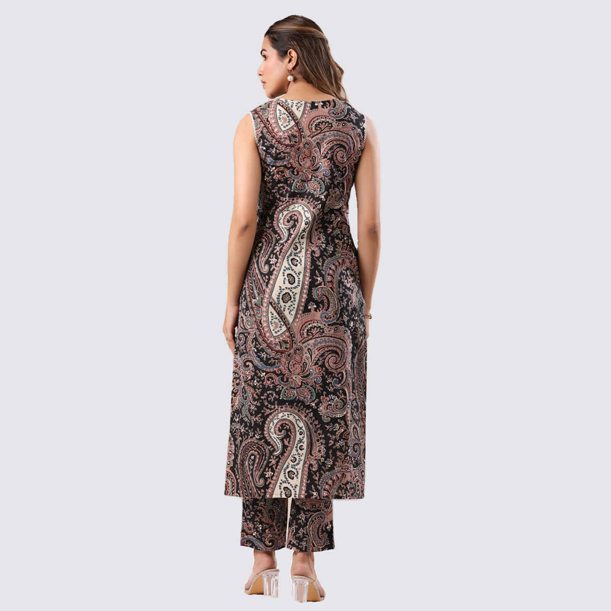 Janasya Women's Pure Cotton Paisley Printed Straight Kurta Pant Set | Black - XS