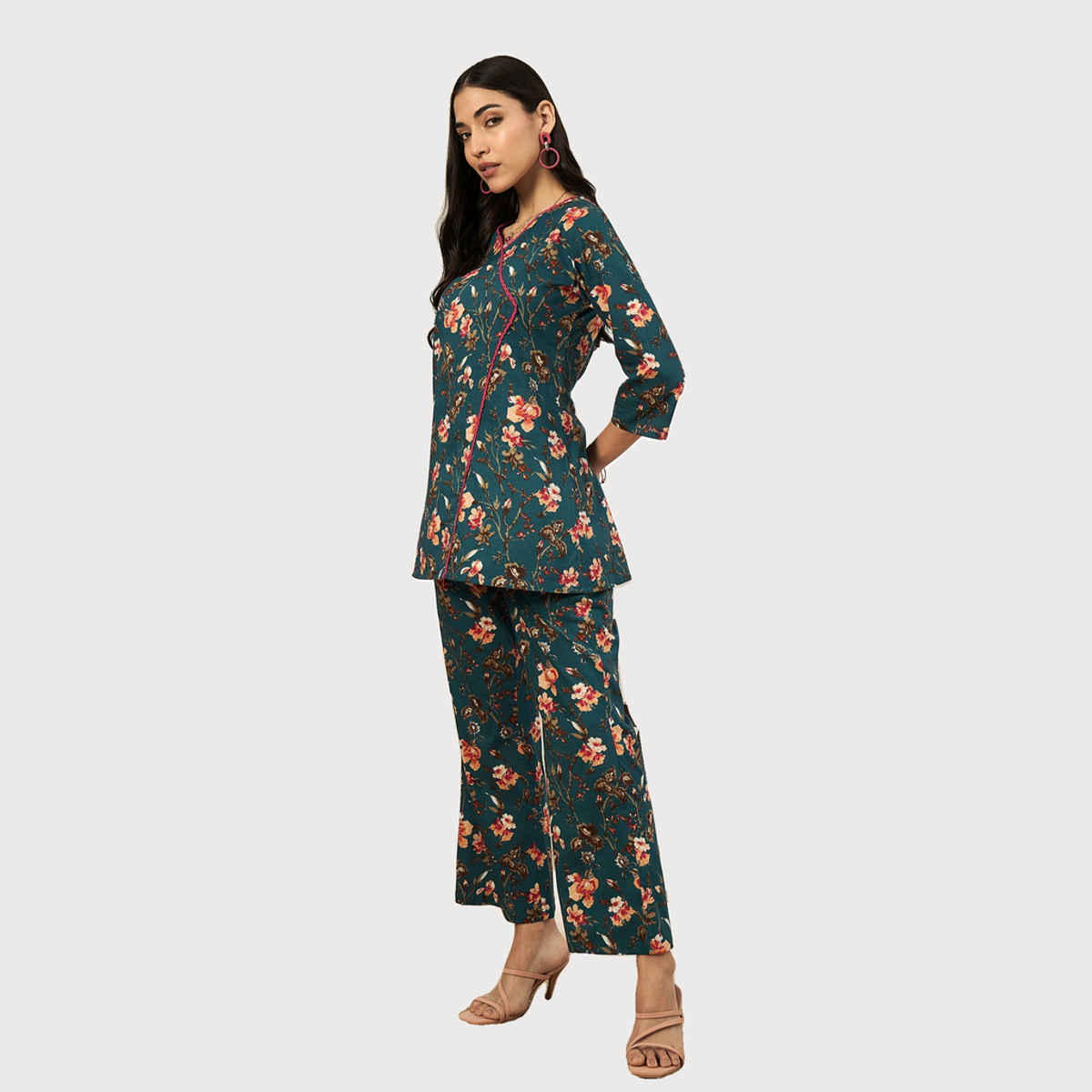 Bandia Women's Floral Printed Lace Embellished Co-Ords Set | Teal - M