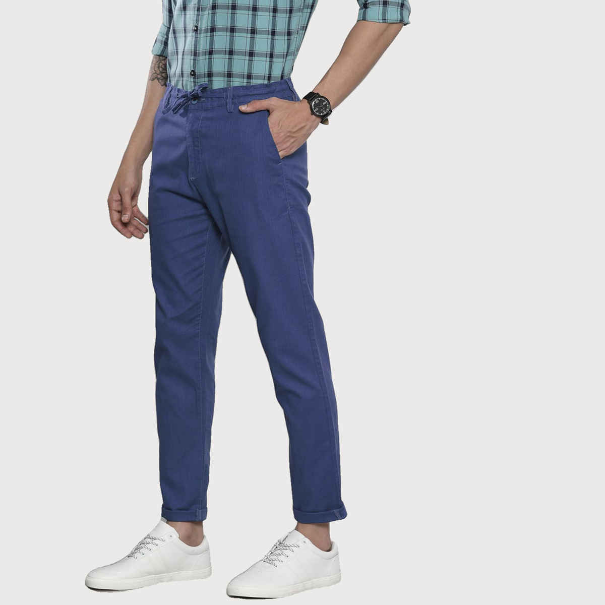 The Indian Garage Co Men's Slim Fit Solid Casual Linen Trousers | Blue Indigo - 32