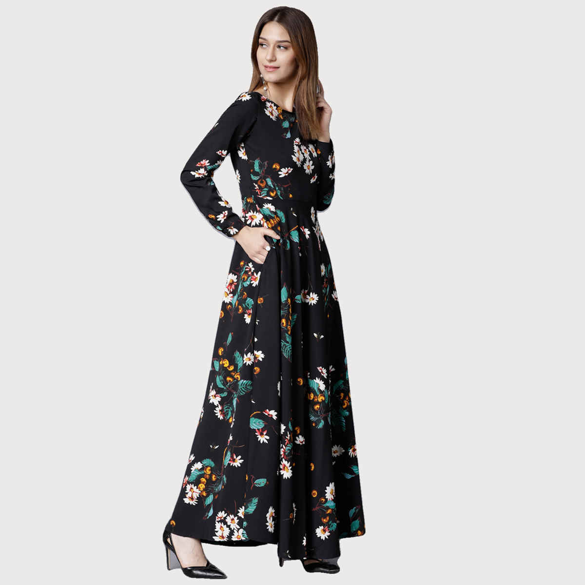 Tokyo Talkies Women's Floral Printed Maxi Dress | Black - S
