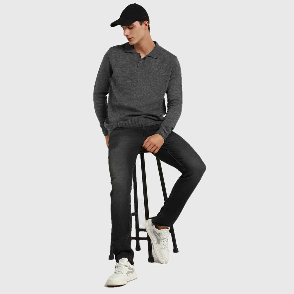 Dennis Lingo Men's Collar Regular Fit Solid Sweater | Mid Grey Melange | M