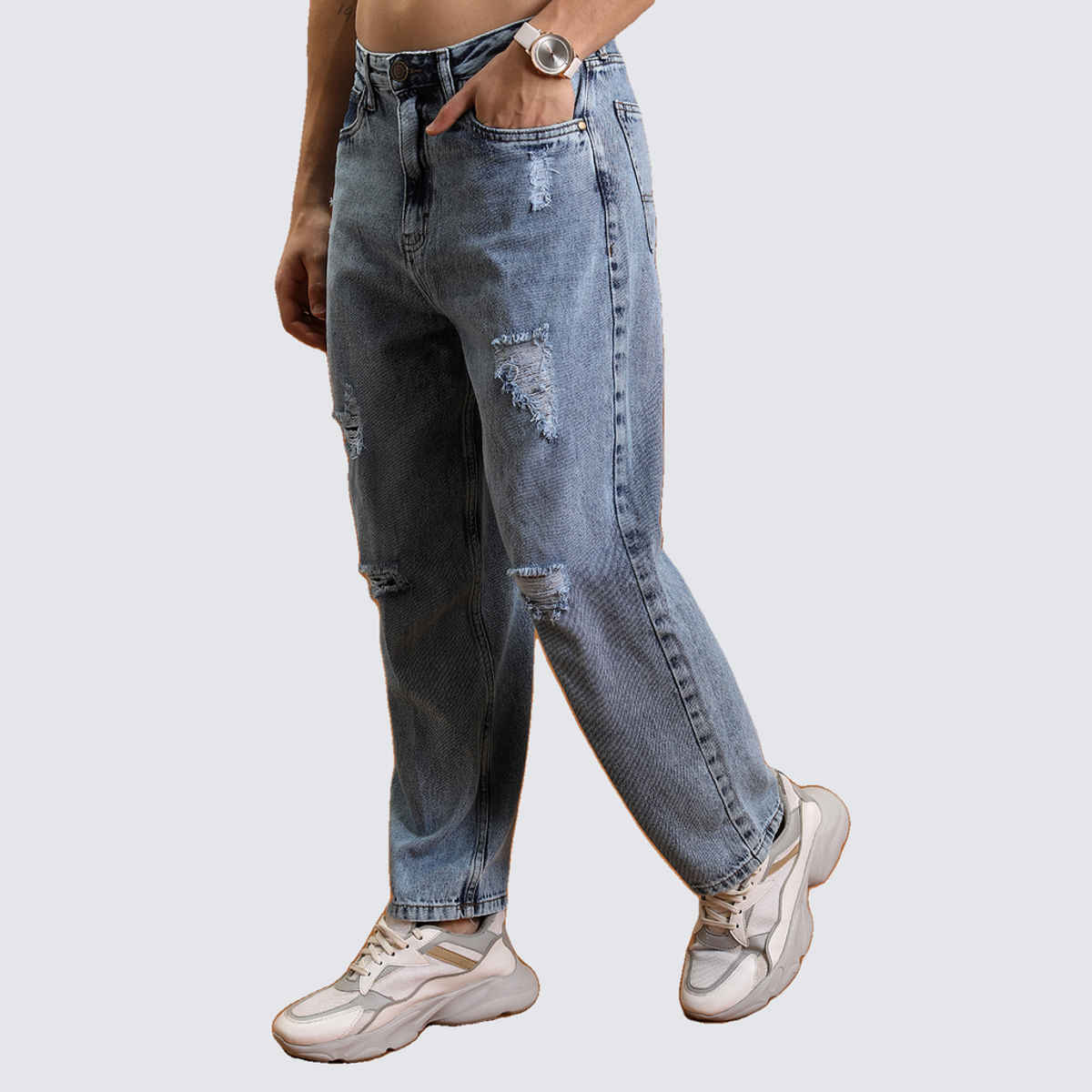 HIGHLANDER Men's Relaxed Fit Highly Distressed Light Fade Jeans | Blue - 36