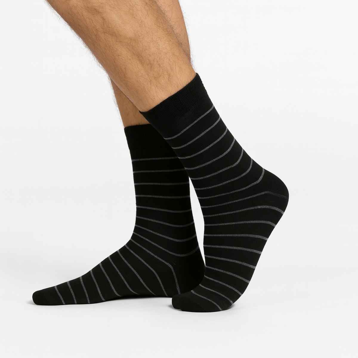 Royal Mart Unisex Striped Cotton Blend Calf Socks | Black - Free Size
