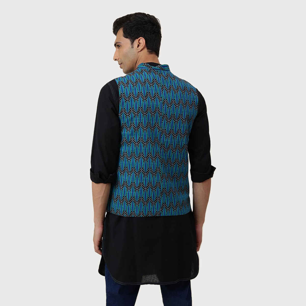 Fabindia Men's Nehru Jacket Printed Slim Fit | Blue - L
