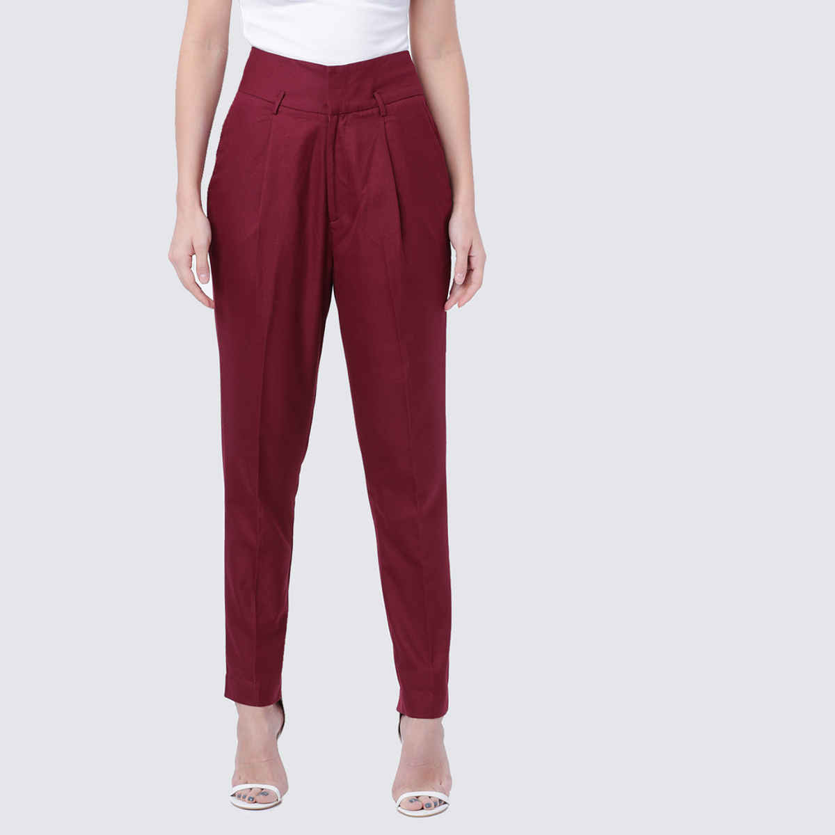 Tokyo Talkies Women's Highwaist Slim Trouser| Burgundy - 32