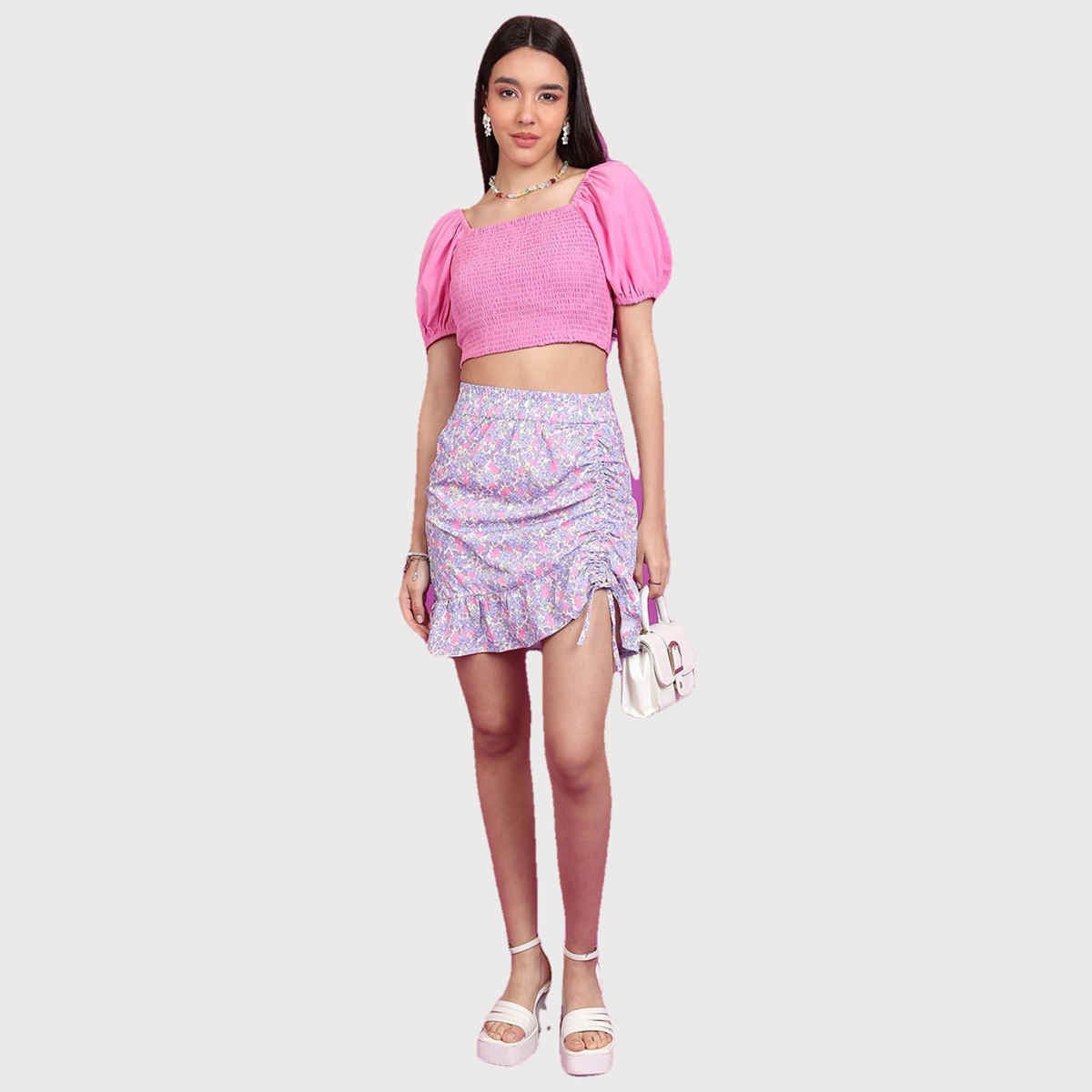 Ketch Women's Square Neck Puff Sleeve Smocked Crop Top | Pink - M