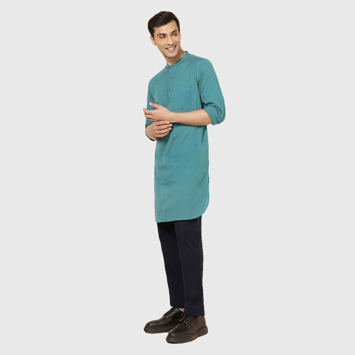 Fabindia Men's Long Kurta Cotton Blend Slim Fit | Teal - S