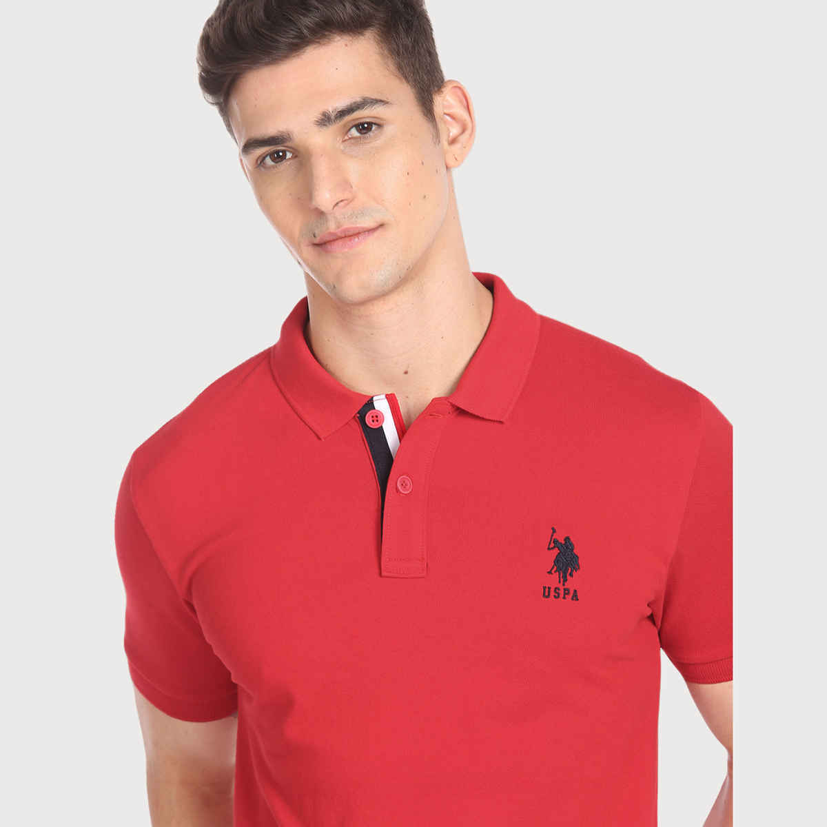 USPA Solid Pique Cotton Polo T Shirt For Men - Red - L