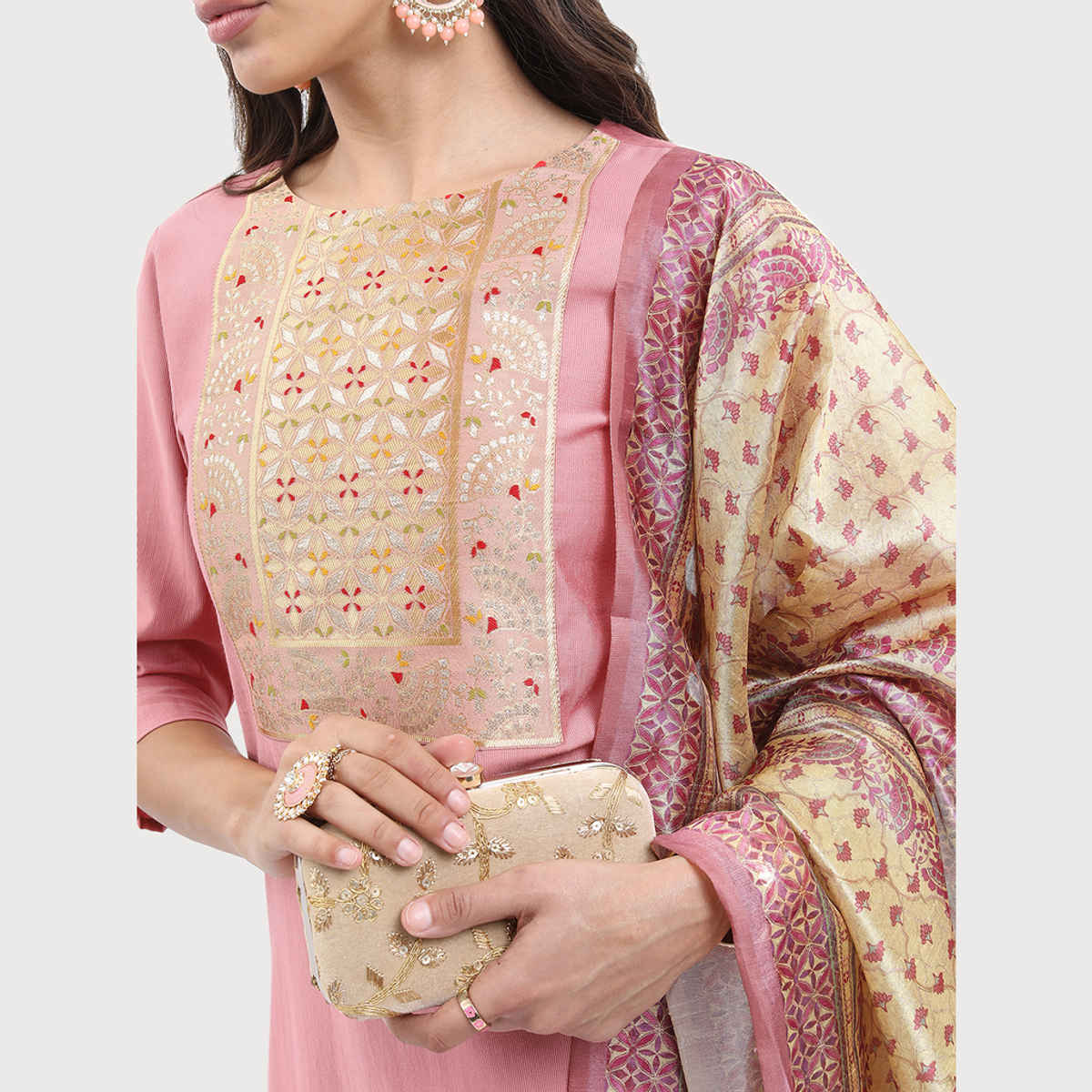 KETCH Women's Woven Design Straight Kurta with Palazzos and Dupatta | Multicolour - XL