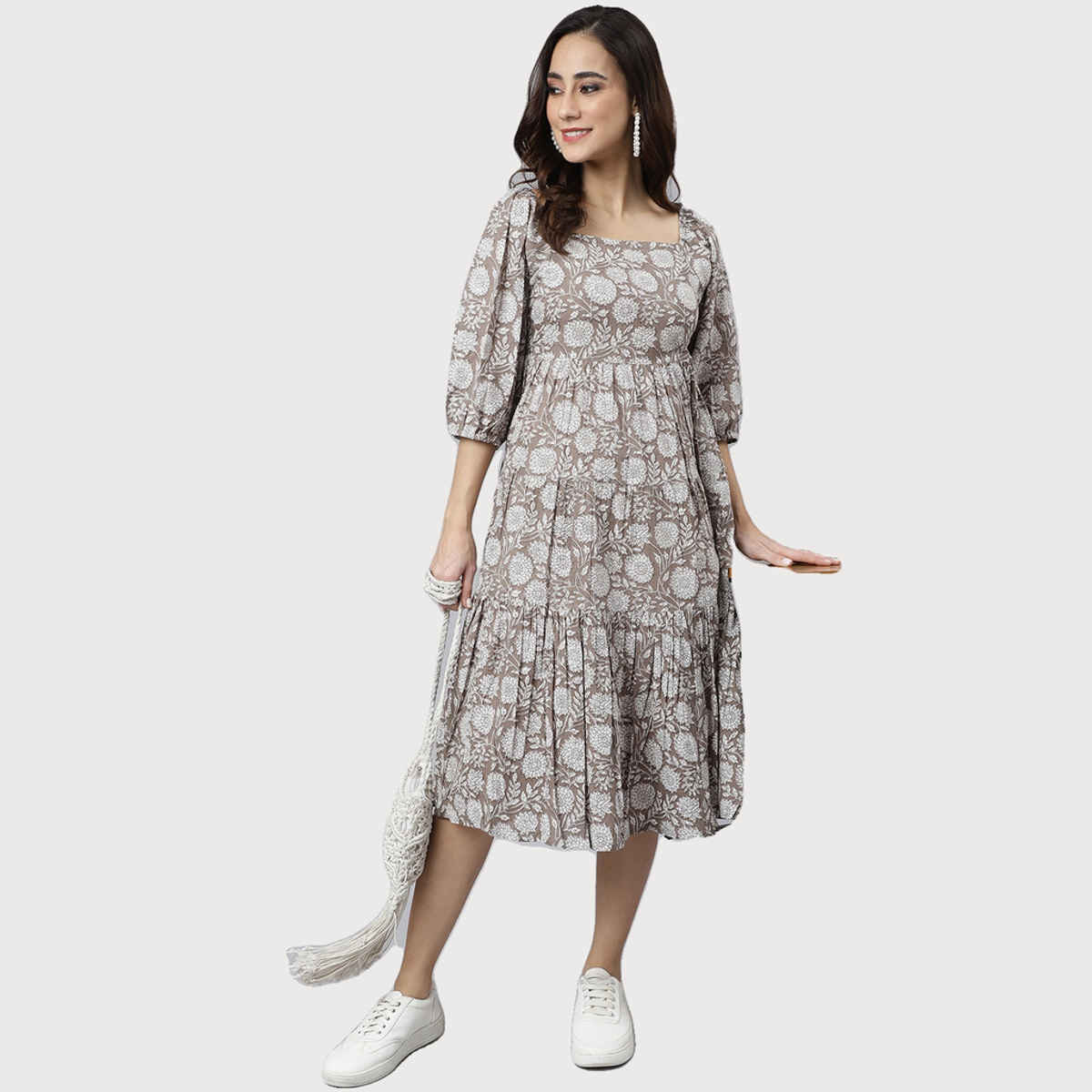 Janasya Women's Grey Pure Cotton Floral Printed Flared Dress - L