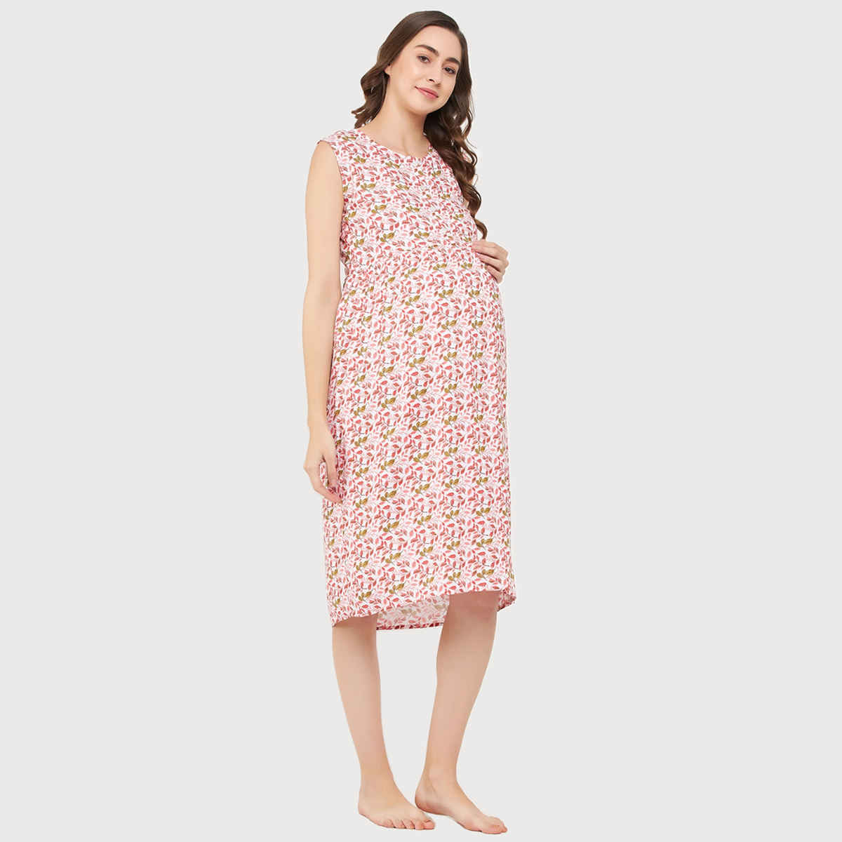 Clovia Maternity Leaf Print Sleep Dress - Rayon(White - S)