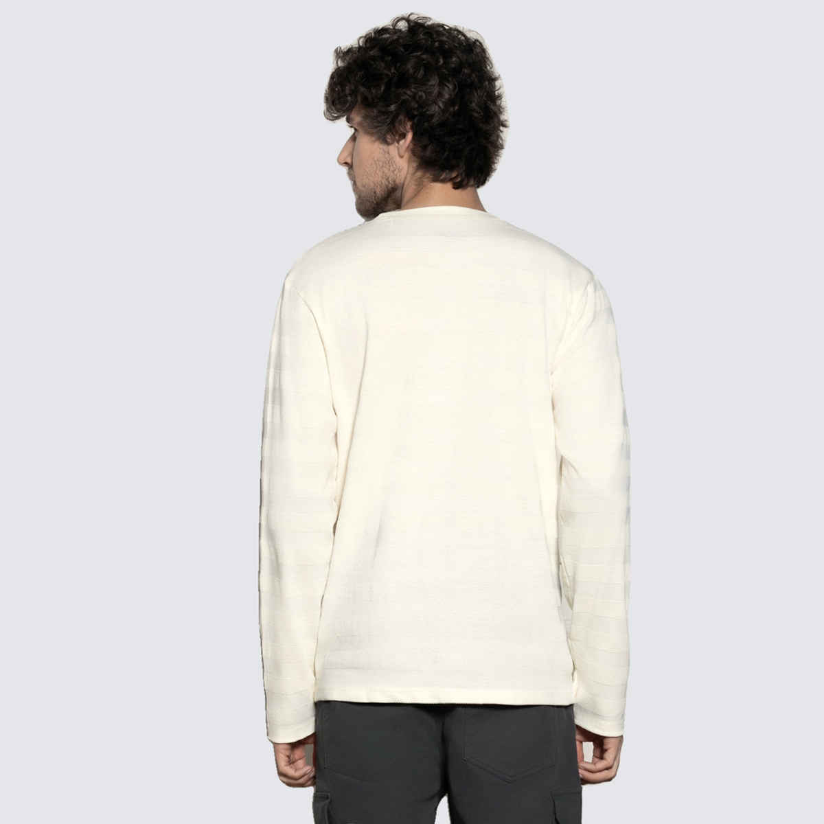 Dennis Lingo Men's Henley Neck Textured Full Sleeve T-shirt | White Ecru | L