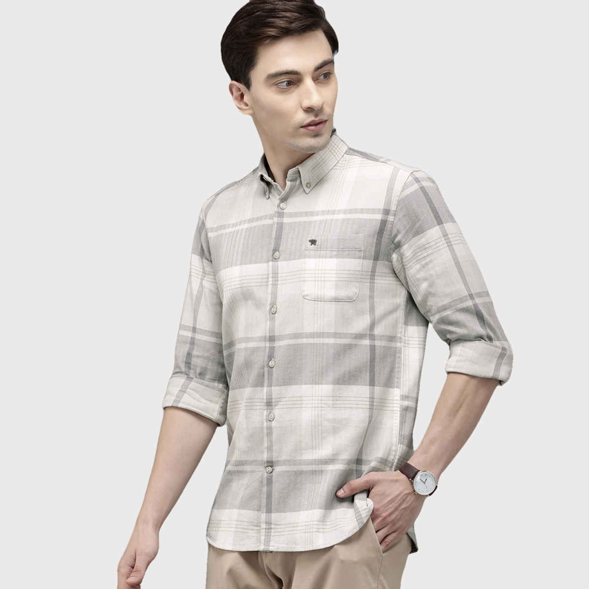 The Bear House Men Slim Cream & Grey Checked Shirt Style-Amber Color -Cream Size -L
